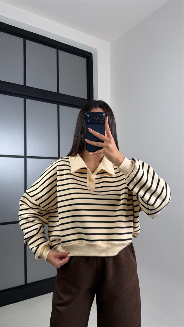 Siyah Polo Yaka Çizgili Sweatshirt GAUS-00827