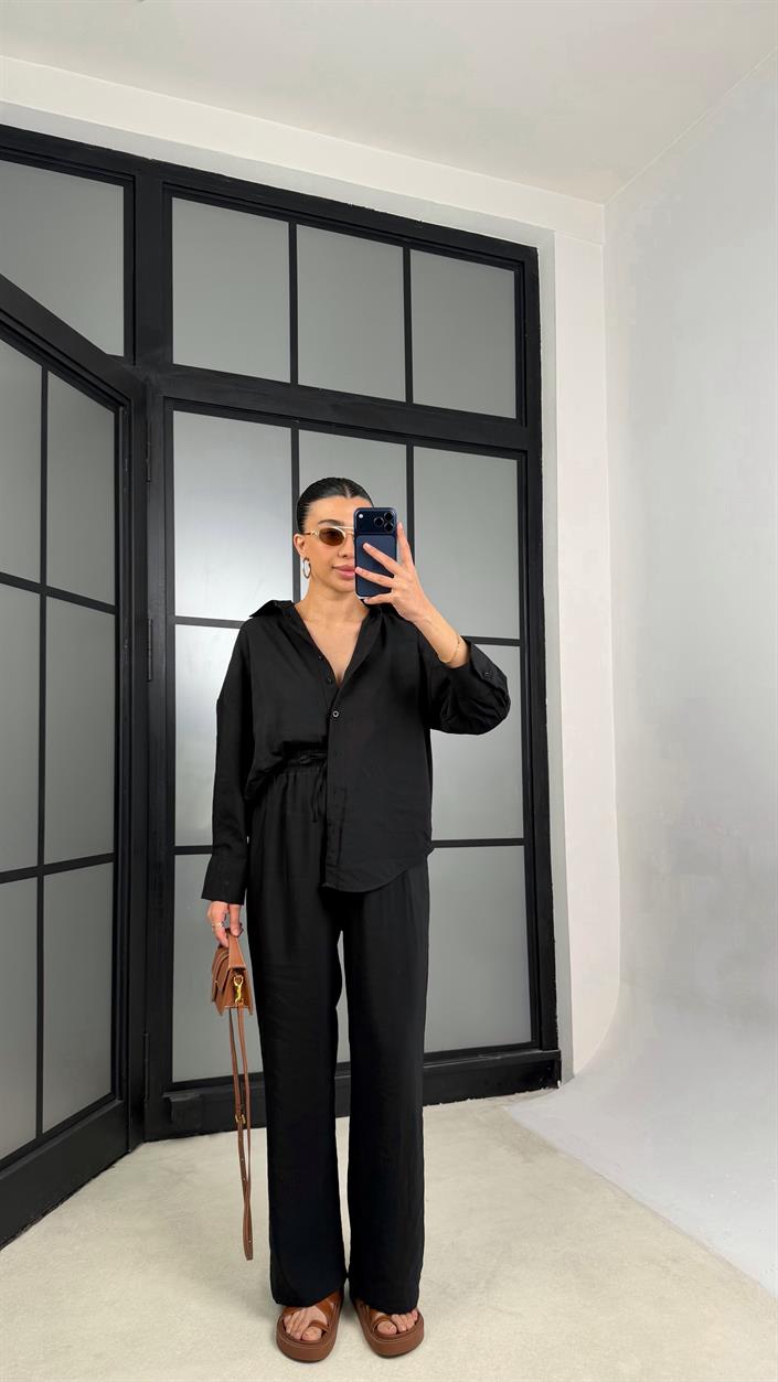 Siyah MD Muadil Gömlek Beli Lastikli Pantolon Tencel Takım GAUS-01278