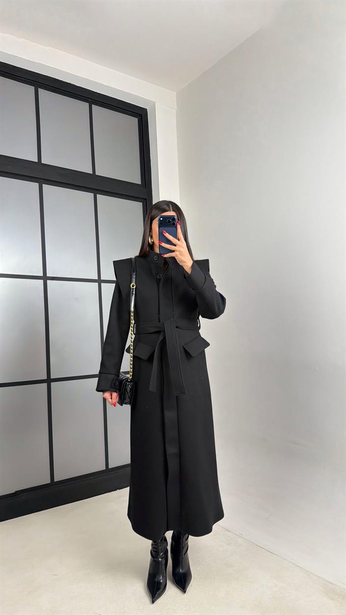 Siyah Astarlı Kuşaklı Cep Detaylı Premium Kaşe Kaban GAUS-00963