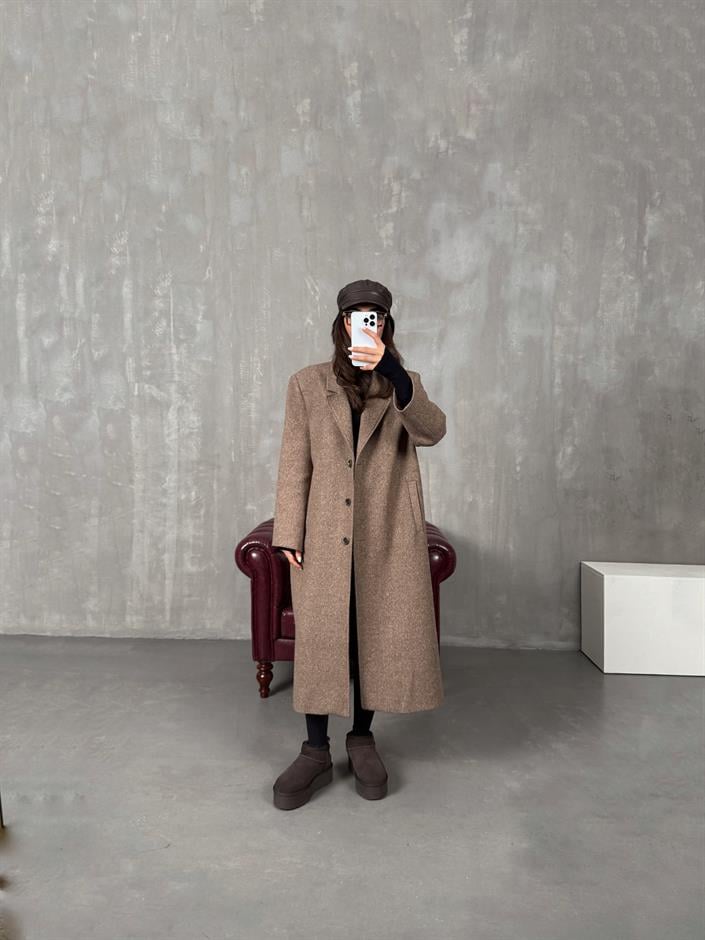 Nerisa Kahve Düğmeli Astarlı Premium Kaban