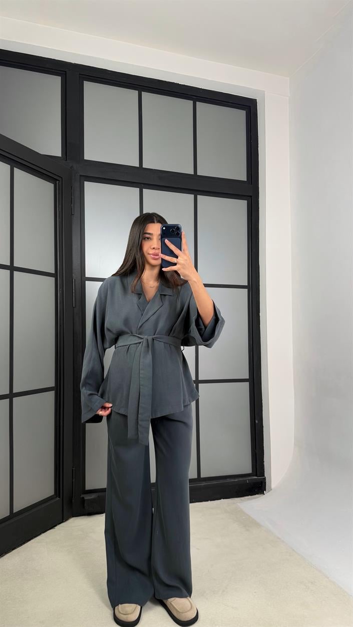 Antrasit Kuşaklı Ceket Beli Lastikli Pantolon Tencel Takım GAUS-01128