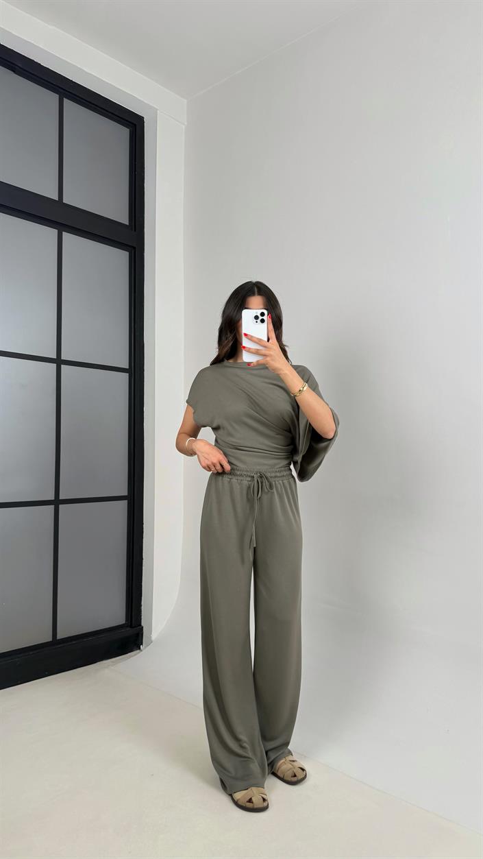 Haki Yarasa Kol Bluz Beli Lastikli Pantolon Tasarım Modal Kumaş Takım Gaus00490