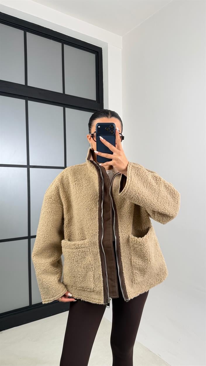 Camel Cepli Fermuarlı Peluş Mont GAUS-00602