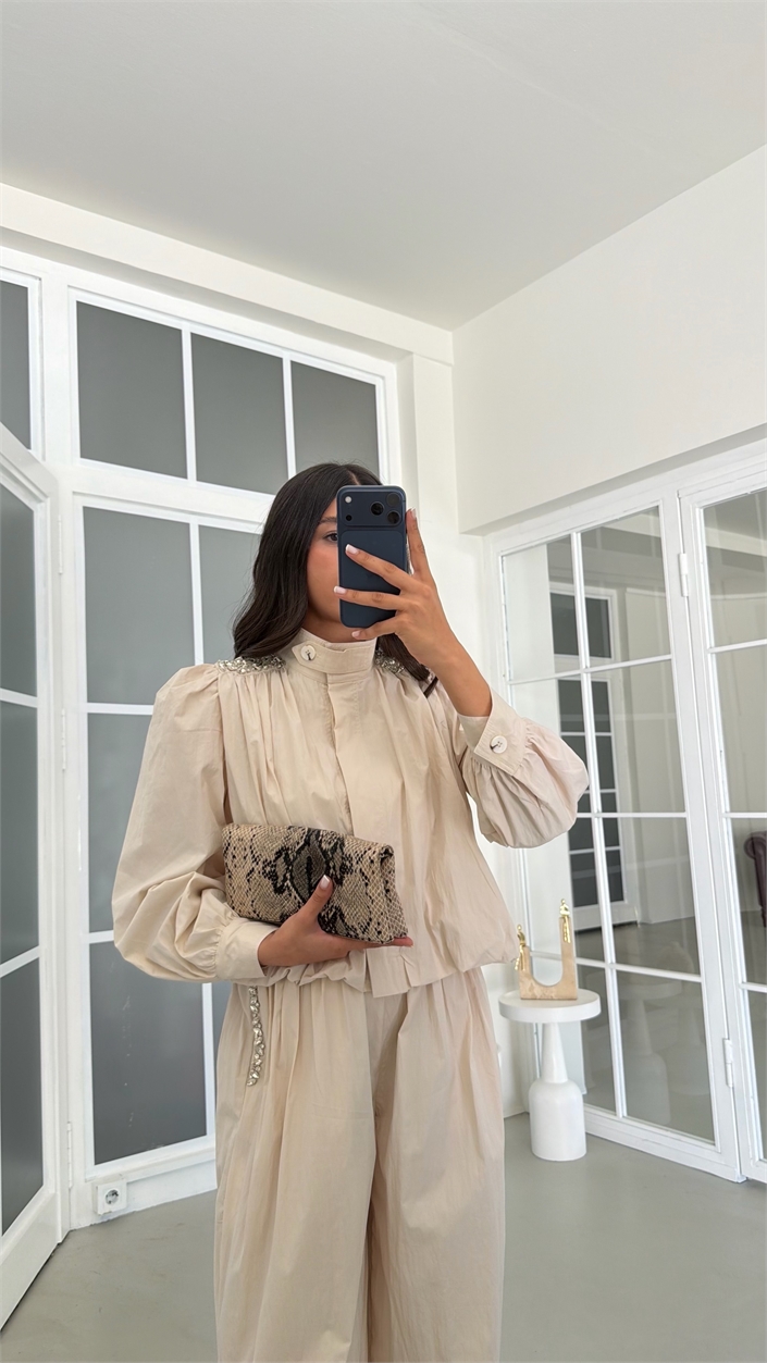Taş Taş Detaylı Astarlı Ceket Beli Lastikli Pantolon İkili Paraşüt Kumaş Takım GAUS-02087