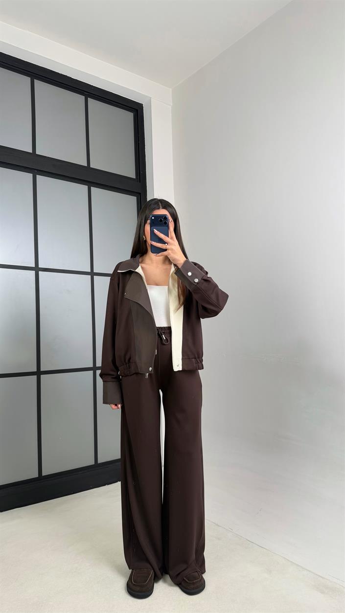 Acı Kahve Çıtçıt Düğmeli Ceket Pantolon Paraşüt Kumaş Detaylı Modal Takım GAUS-01075