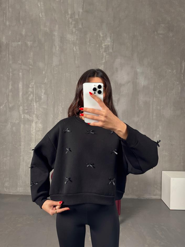 Siyah Fiyonk Detaylı Şardonlu Sweat