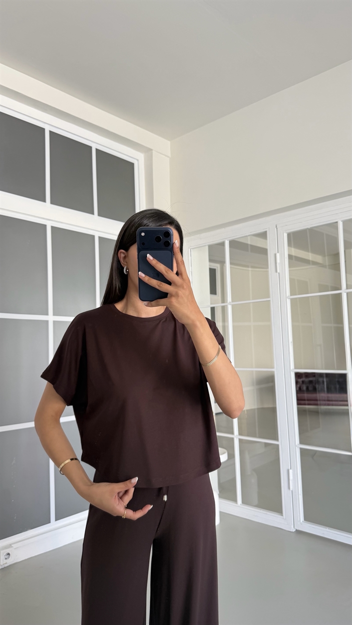 Kahve Bluz Beli Lastikli Pantolon İkili Basic Takım GAUS-01712