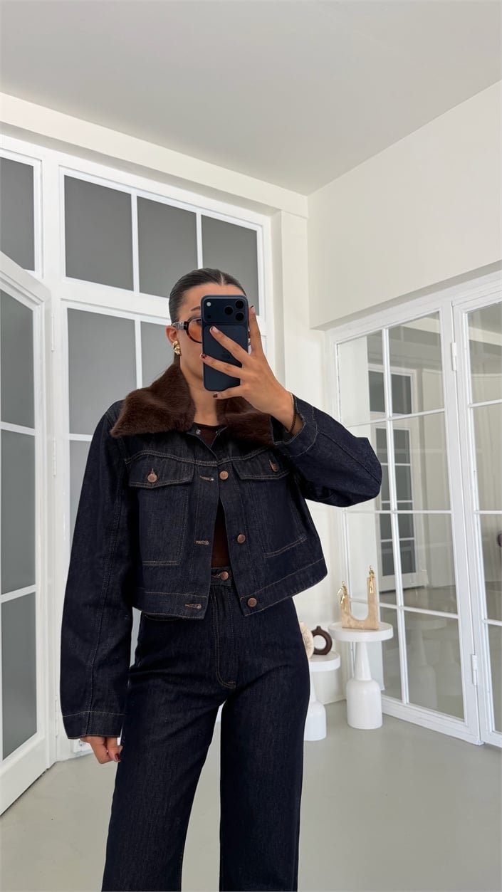 Lacivert Kürk Yakalı Ceket Pantolon Premium Denim Takım GAUS-01903