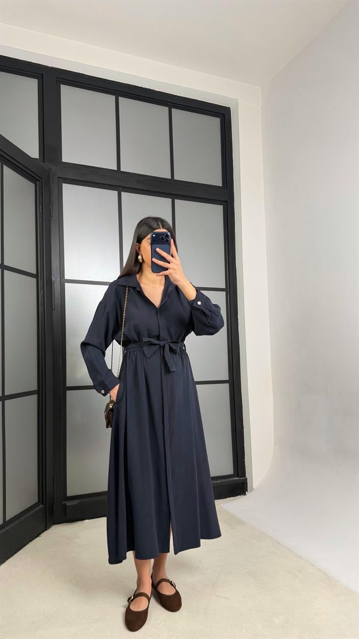 Lacivert Beli Lastikli Kuşaklı Tencel Elbise GAUS-01286