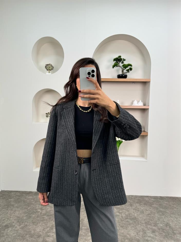 Melins Antrasit Çizgili Astarlı Sakallı Blazer Ceket