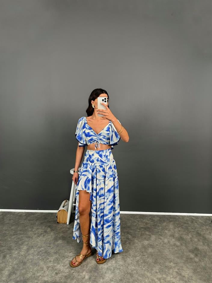 Dekra Mavi Desenli Crop Bluz Etek Takım