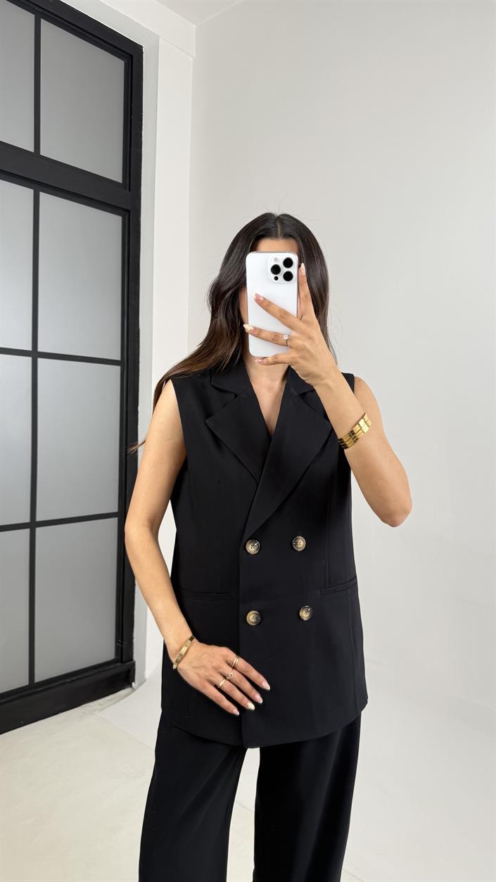 Siyah Önü Düğmeli Astarlı Yelek Beli Lastikli Pantolon Premium Kumaş Takım Gaus00653
