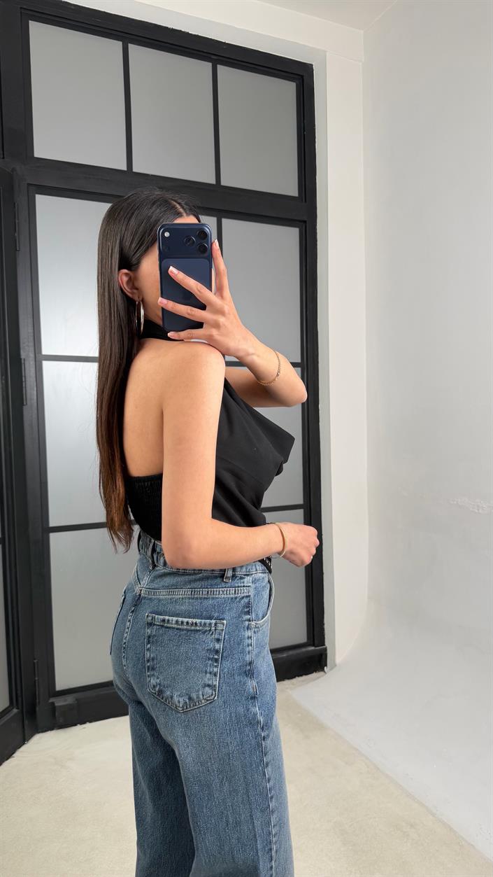 Siyah Zımba Detaylı Beli Lastikli Premium Crop GAUS-01488