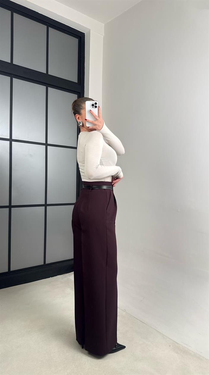 Mürdüm Çift Kemerli Pileli Kumaş Pantolon GAUS-00896