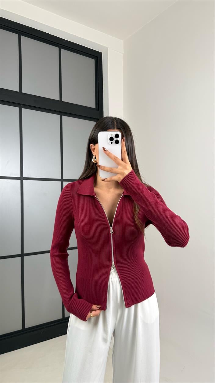 Bordo Çift Fermuarlı Fitilli Hırka GAUS-00461