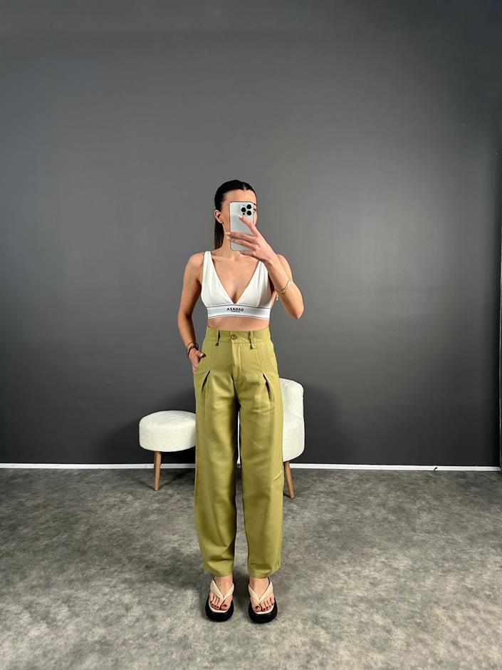 Lovas Yağ Yeşili Lux Kalite Keten Pantolon 