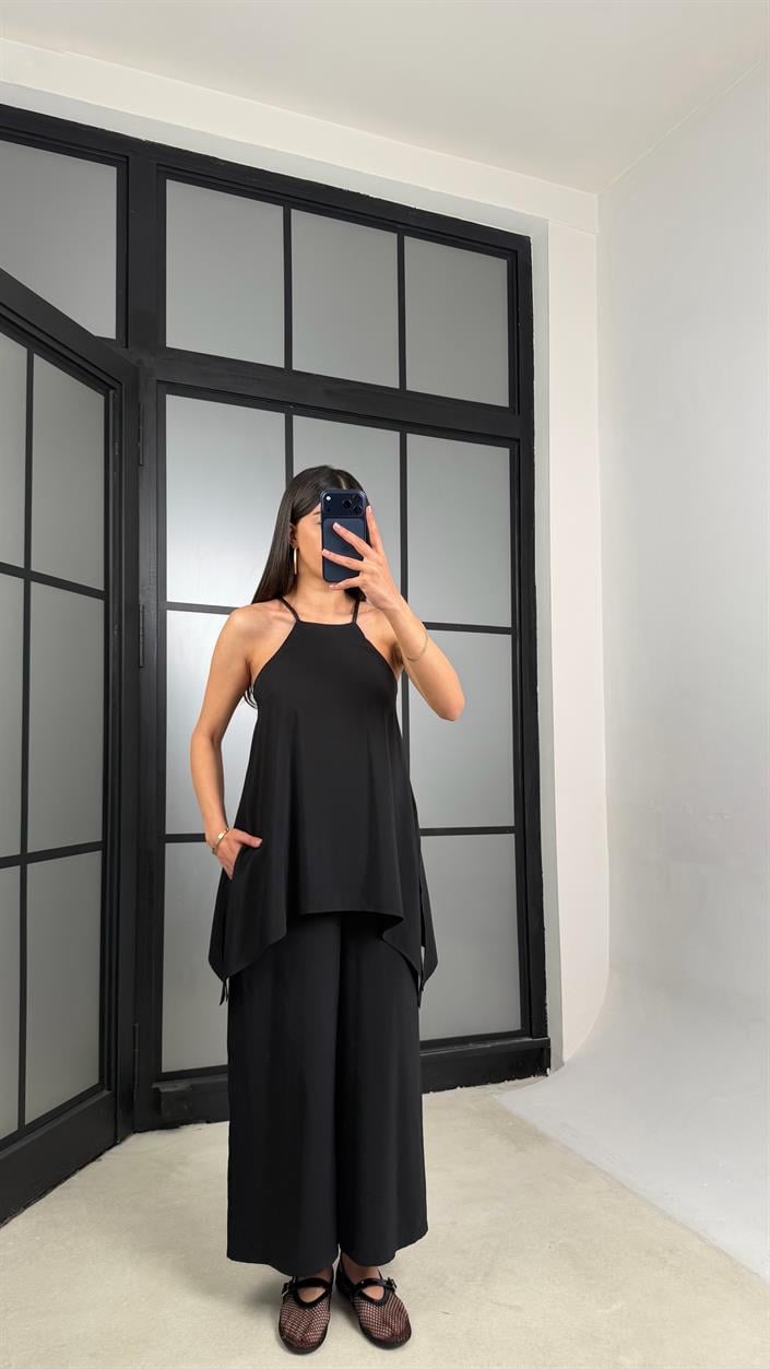 Siyah Örgü Askılı Tencel Tulum GAUS-01436