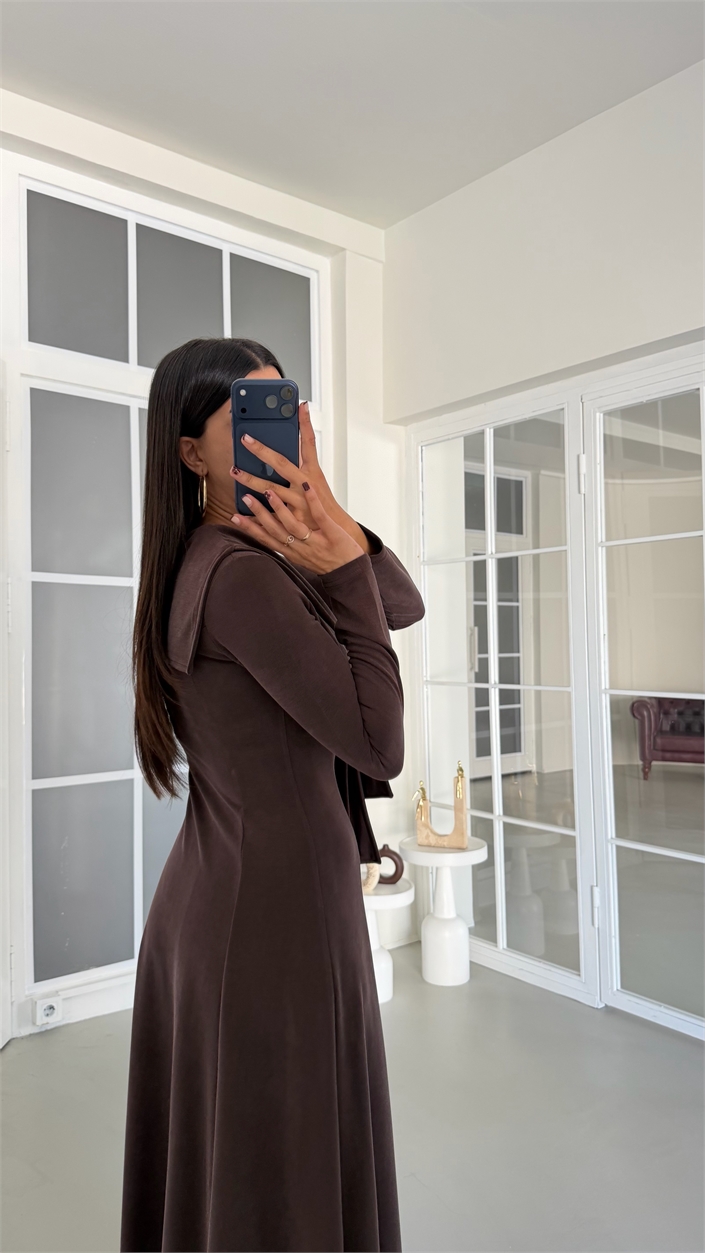 Kahve Şal Detaylı Modal Kumaş Elbise GAUS-01917