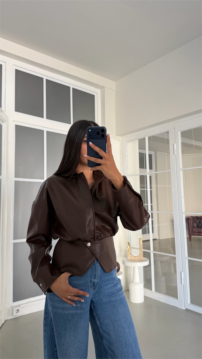 Kahve Düğme Detaylı Premium Deri Ceket GAUS-01992