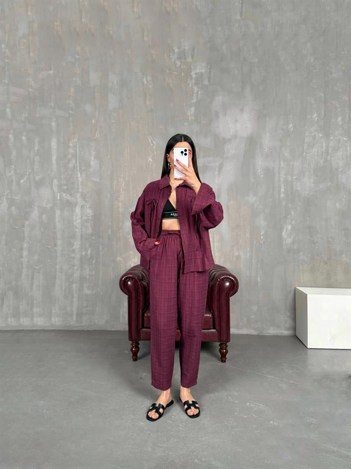 Bordo Kareli Keten Takım Gaus00194