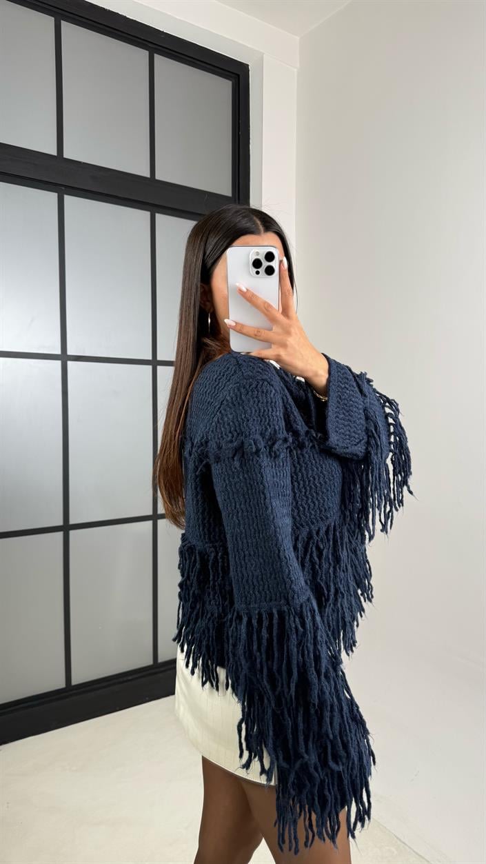 Lacivert Saçaklı Örme Triko Kazak GAUS-00134