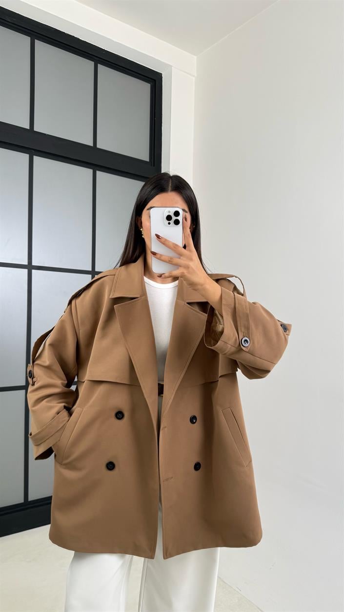 Camel Astarlı Cep Detaylı Kuşaklı Kısa Trençkot GAUS-00192