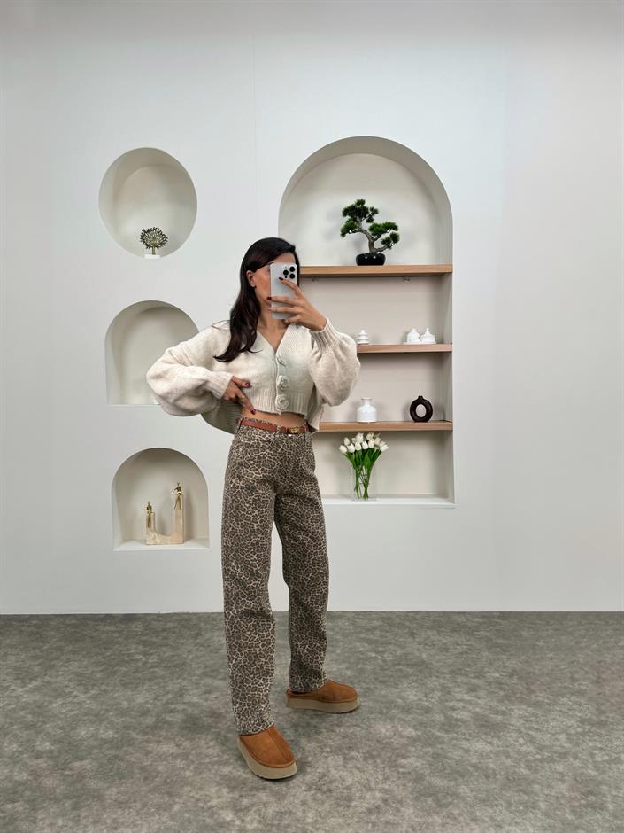 Erva Leopar Desenli Denim Pantolon