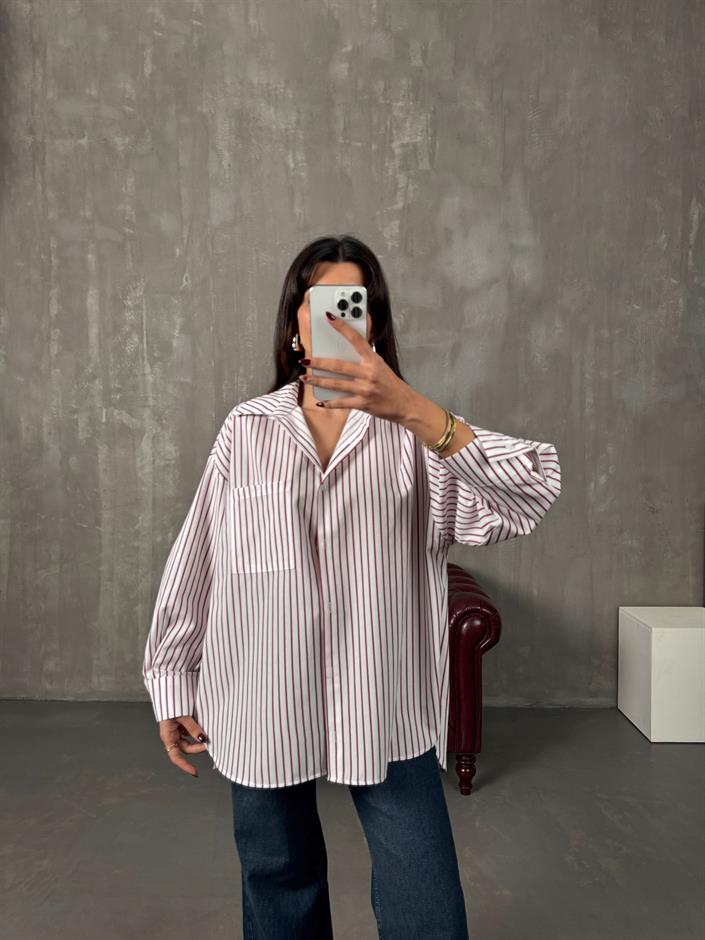 Vory Bordo Çizgili Beyaz Oversize Gömlek