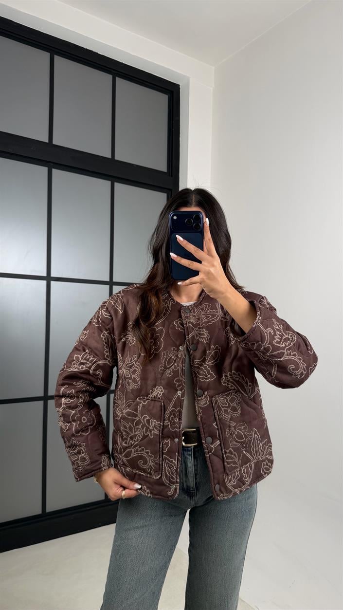 Kahve Etnik Desenli Astarlı Kapitone Mont GAUS-00596