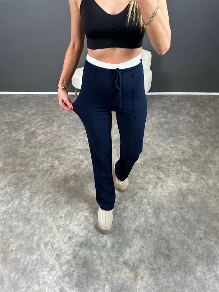 Maso Lacivert Bel Detaylı Çımalı Likralı Pantolon