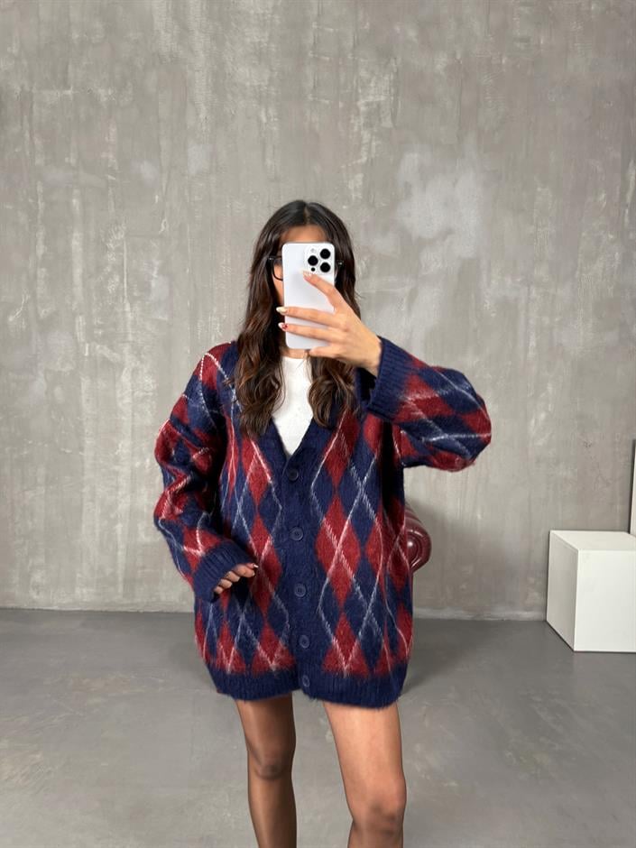 Metu Bordo Lacivert Baklava Desenli Sakallı Hırka