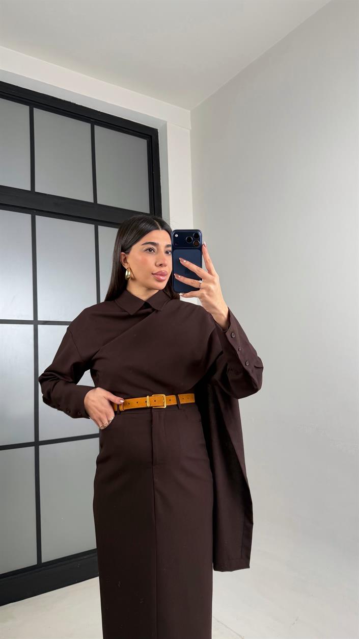 Acı Kahve Manşet Kol Yakası Şallı Gömlek Etek Muadil Takım GAUS-01053 GAUS-01102