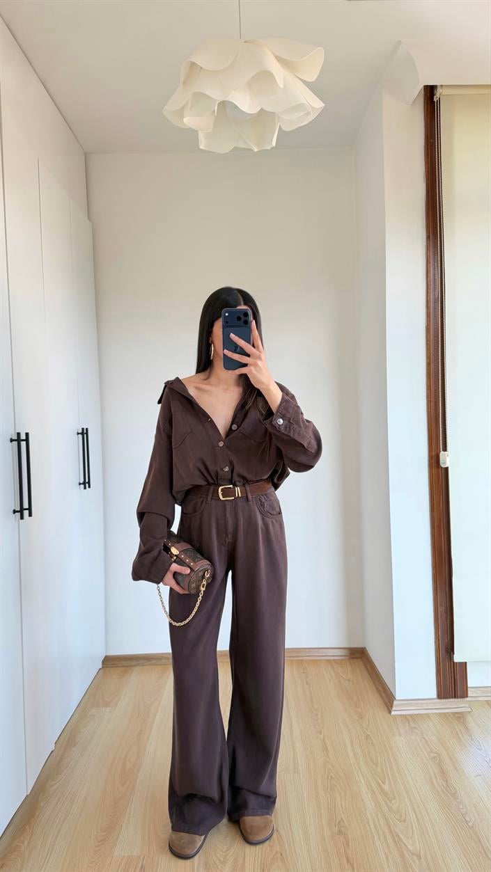 Acı Kahve Beli Lastikli Tencel Denim Tulum GAUS-01394