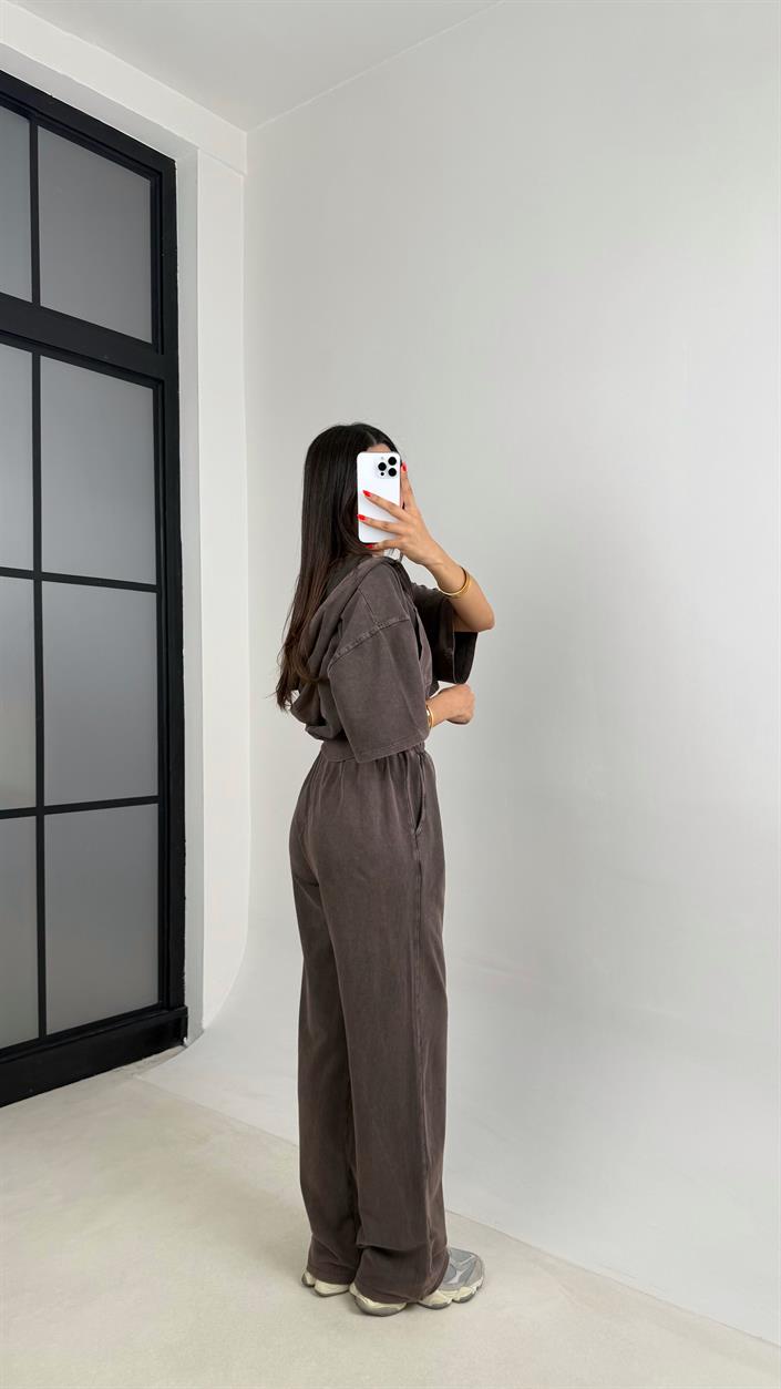 Kahve Yıkama Desenli Kapüşonlu Crop Hırka Beli Lastikli Pantolon İkili Premium Takım GAUS-0063