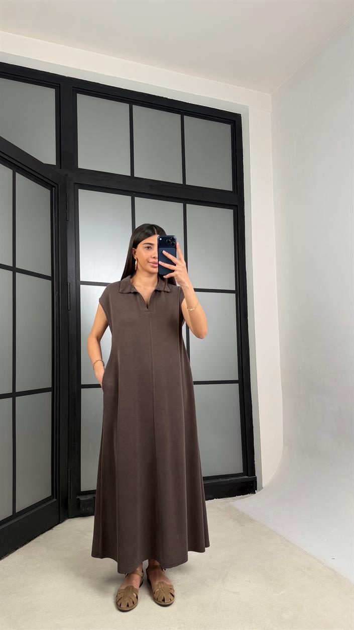 Kahve MD Muadil Polo Yaka Cepli Basic Elbise GAUS-01330