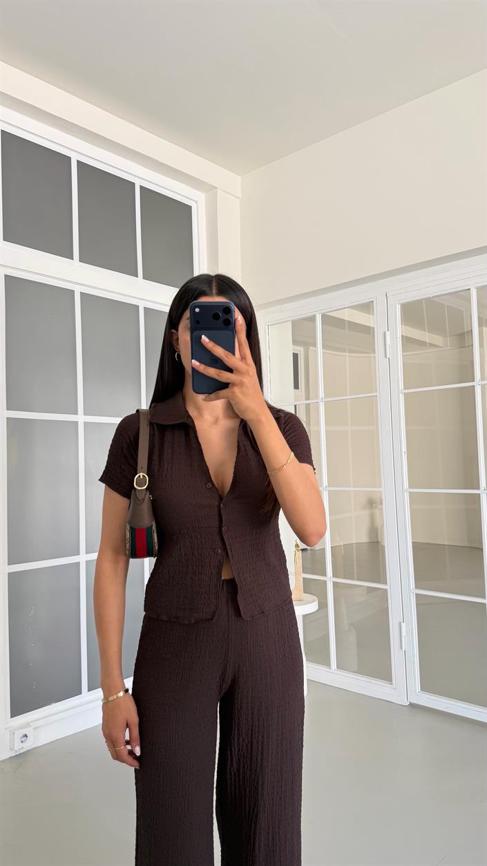 Acı Kahve Crop Bluz Beli Lastikli Pantolon Bürümcük Takım GAUS-01555