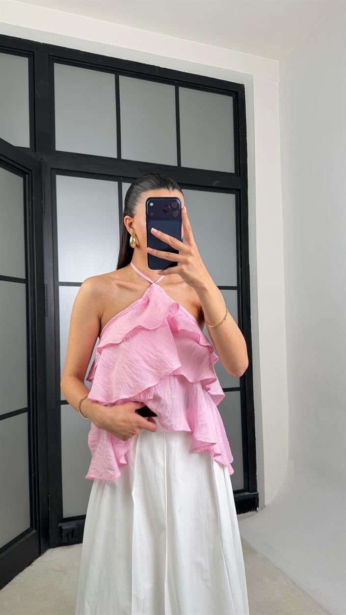 Pembe Boyundan Bağlamalı Fırfır Detaylı  Bluz GAUS-01465