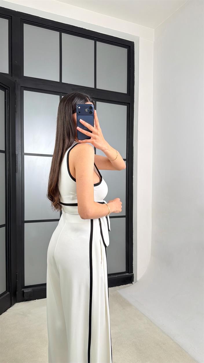 Beyaz Bağlama Detaylı Bluz Beli Lastikli Pantolon Biyeli Modal Takım GAUS-01473