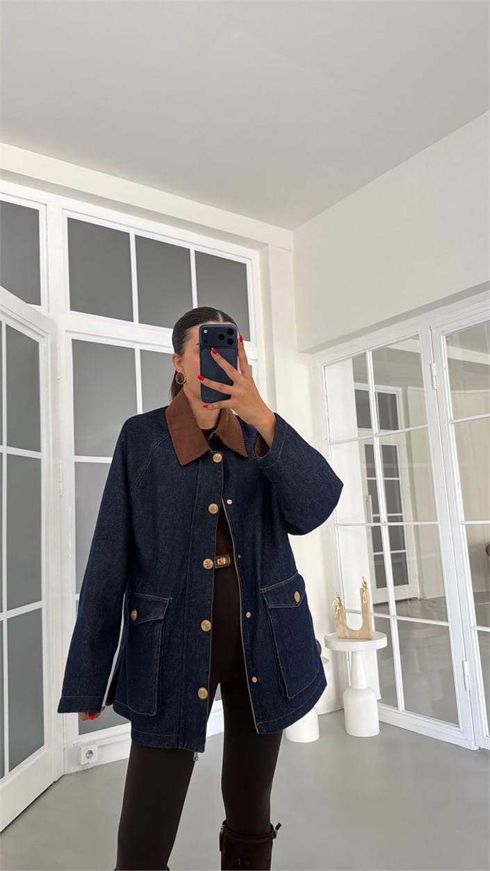 Lacivert Kadife Yaka Ekose Astarlı Denim Premium Ceket GAUS-01888