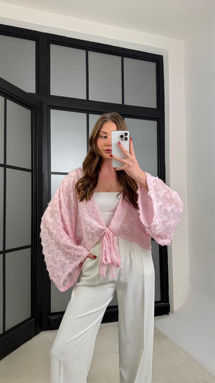 Pembe Püsküllü Bağlama Detaylı Kimono GAUS-01277