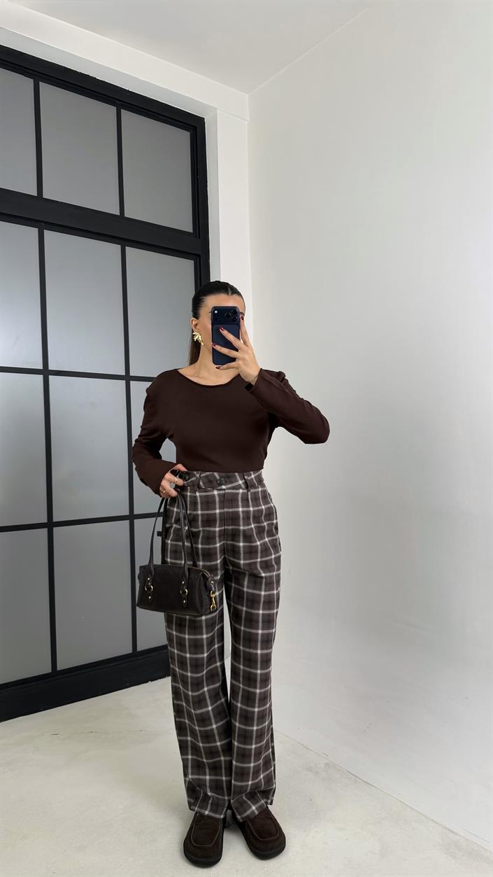 Kahve Cepli Ekoseli Pantolon GAUS-00806