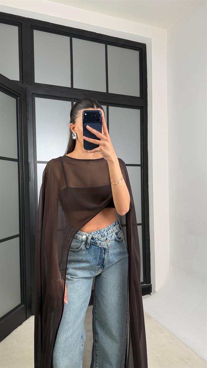 Acı Kahve Şifon Maxi Boy Pelerin GAUS-01457