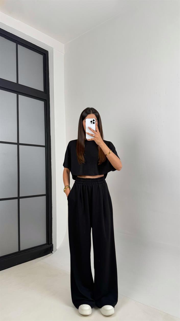 Siyah Crop Beli Lastikli Palazzo Eşofman İkili Modal Kumaş Takım GAUS-01219