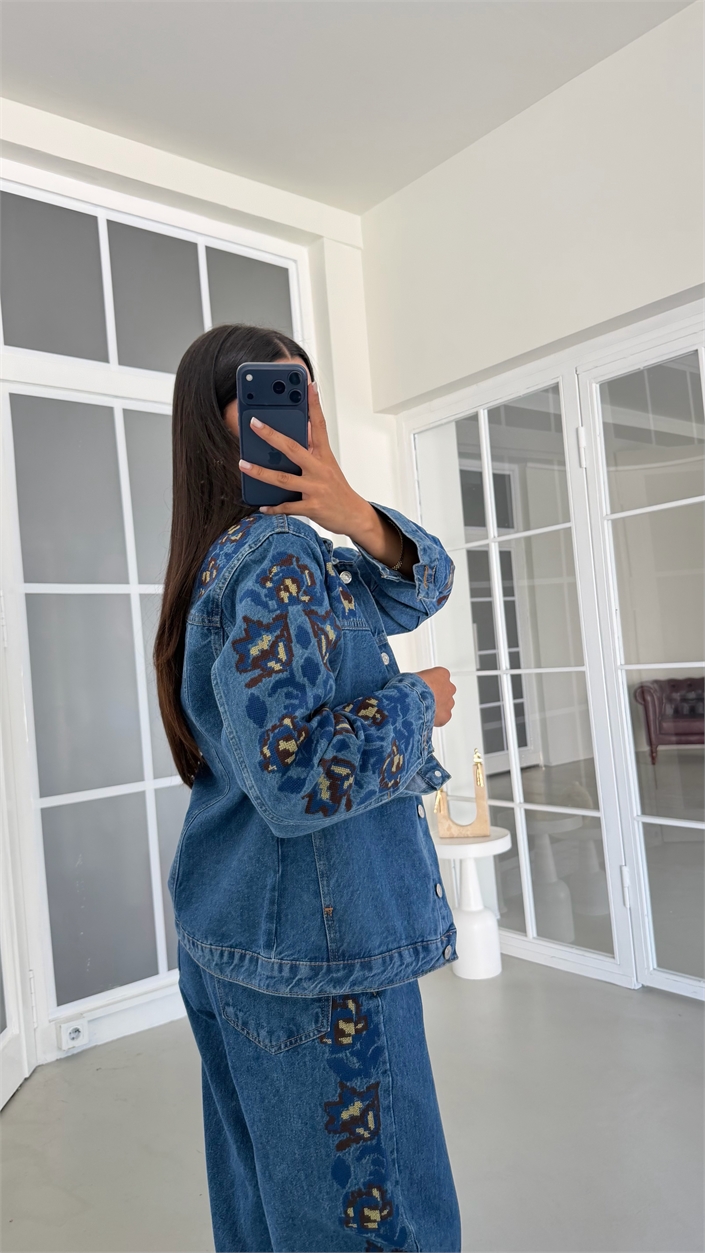 Mavi Nakışlı Cep Detaylı Tasarım Denim Takım GAUS-02117