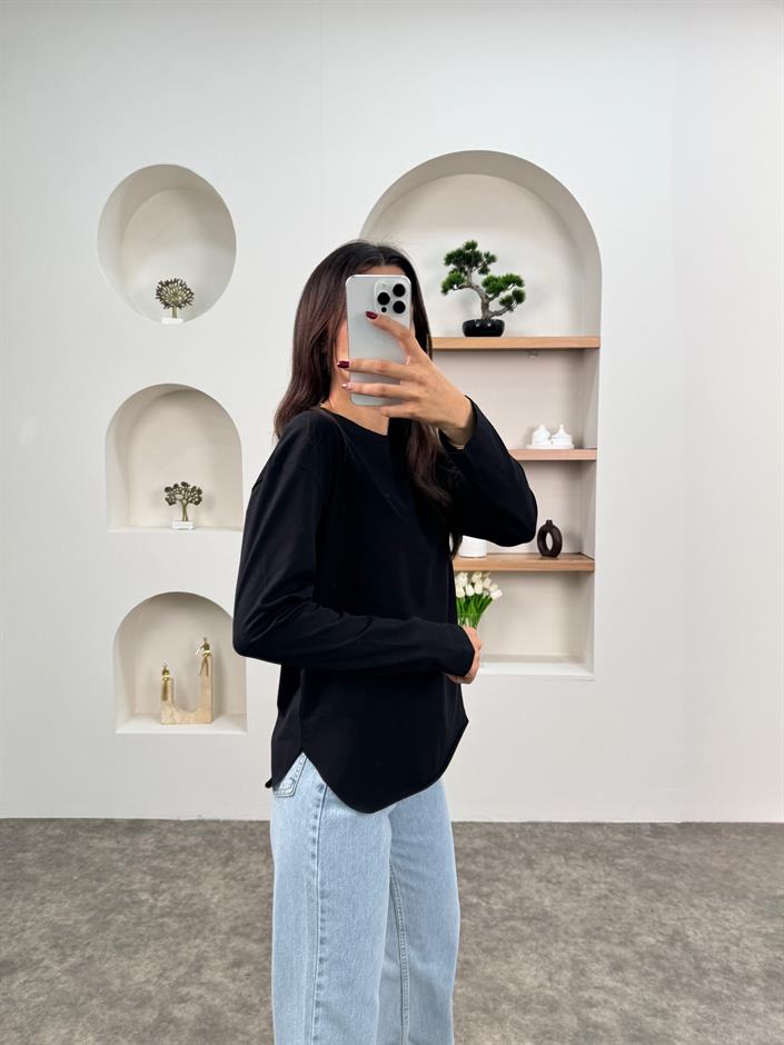 May Siyah Bisiklet Yaka Uzun Kollu Penye Bluz