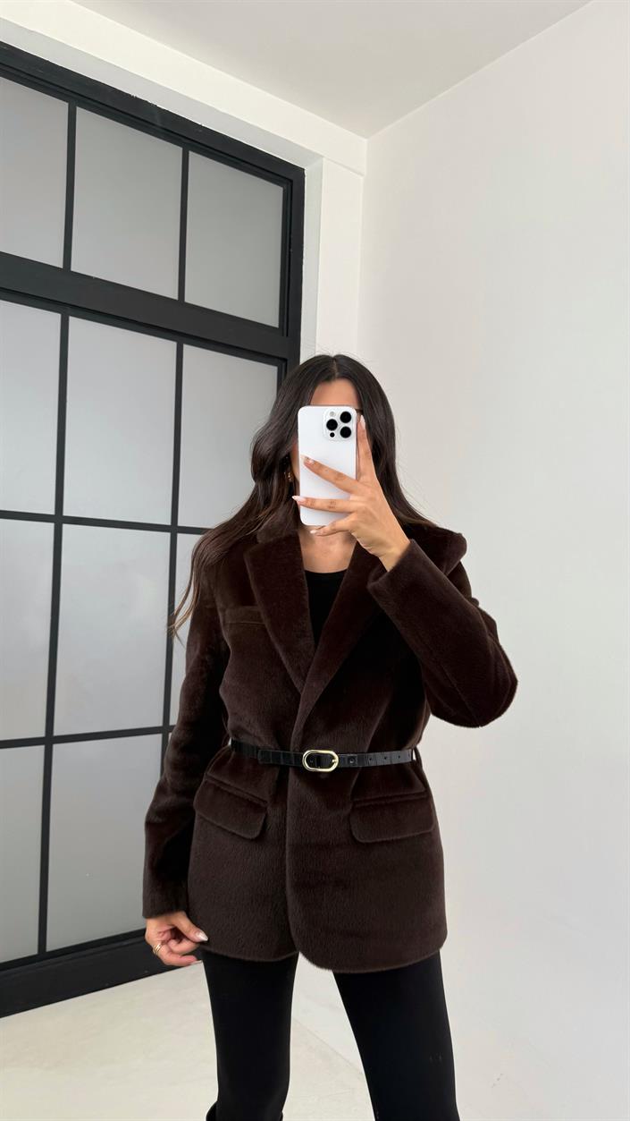 Acı Kahve Astarlı Kemerli Peluş Tüylü Ceket GAUS-00131