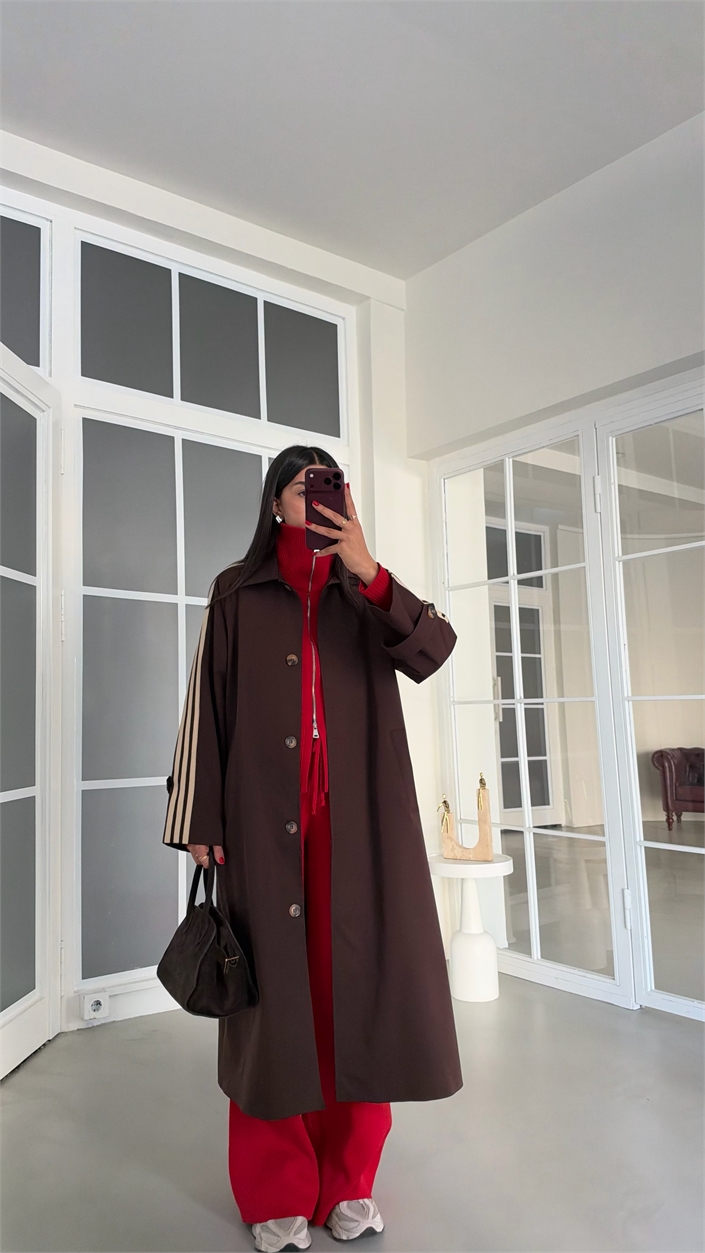 Acı Kahve Kol Şeritli Astarlı Trençkot GAUS-02245