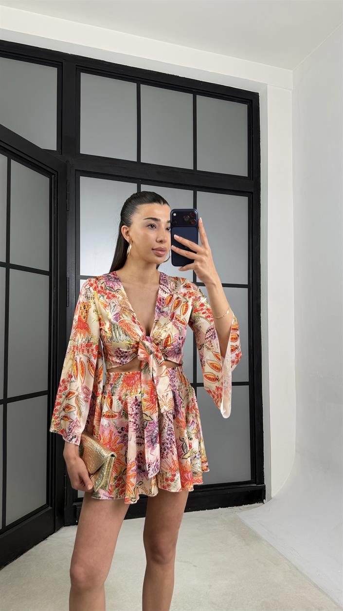 Çok Renkli Desenli Şort Etek İkili Saten Takım GAUS-01546