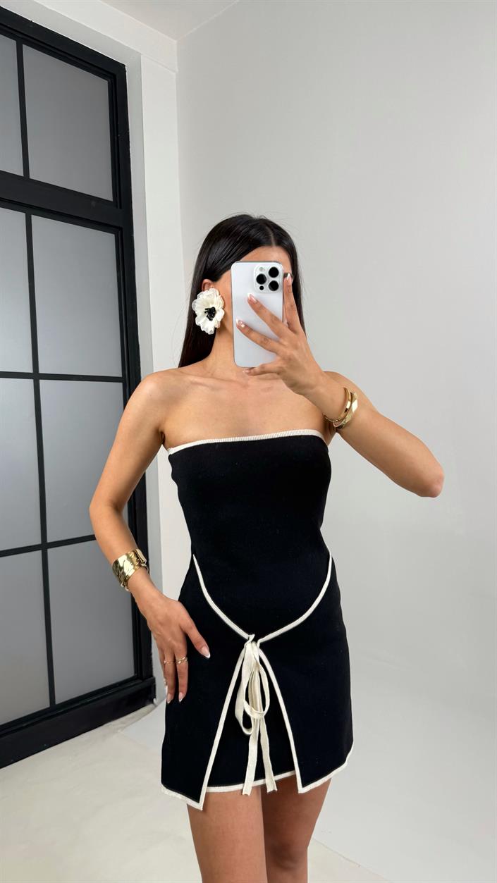 Siyah Bağlama Detaylı Straplez Triko Mini Elbise Gaus00543