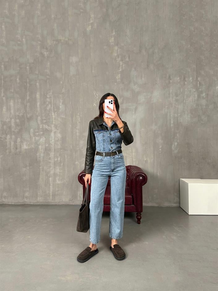 Barnes Eskitme Deri Detaylı Premium Tasarım Denim Tulum